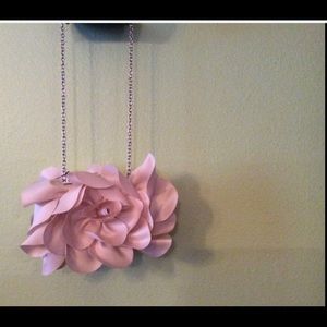 Sondra Roberts Satin Flower Beige and Silver Chain Evening Handbag Bridal Clutch